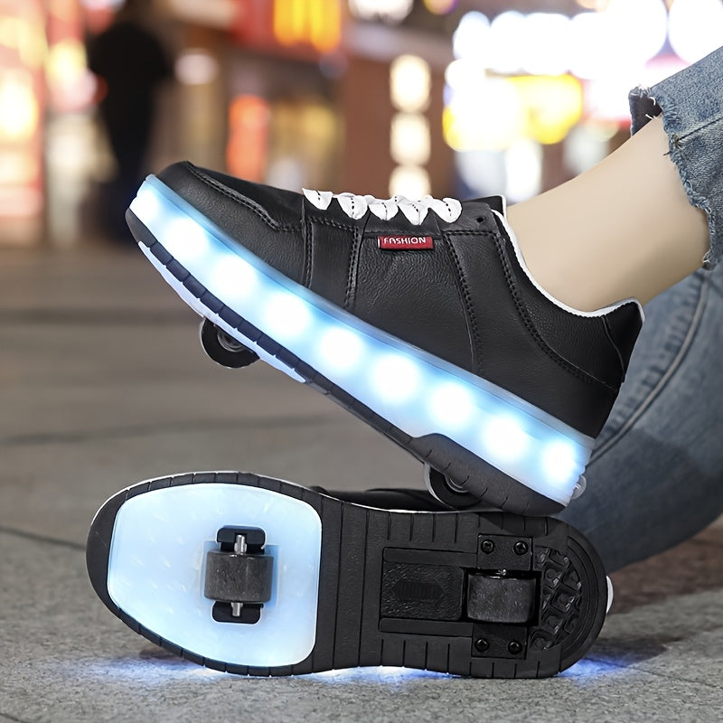 Kids' LED Light-Up Sneakers for Boys and Girls White with Blue Red Green Lights Breathable PU Adjustable Strap