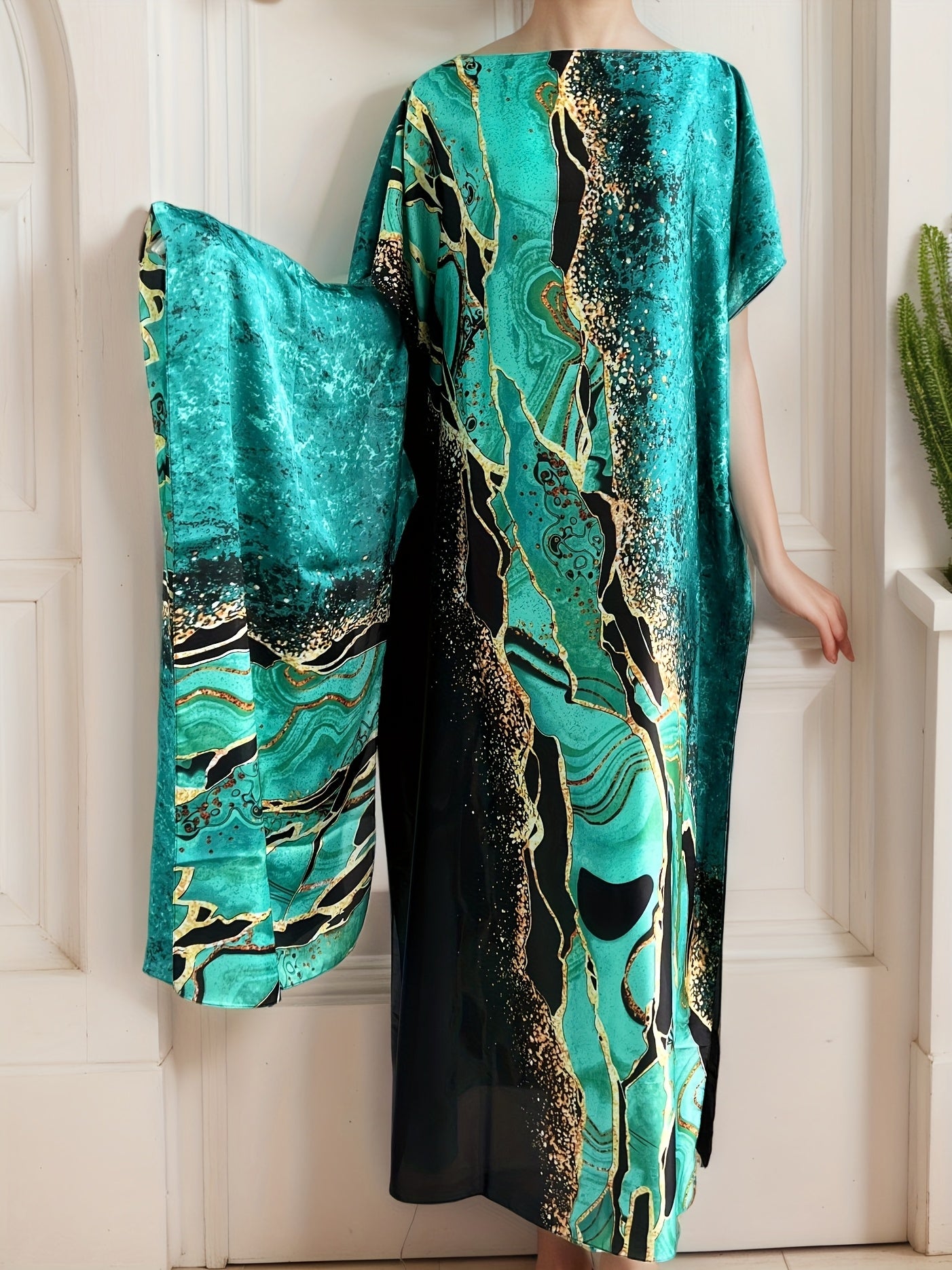 Plus Size Women's Maxi Dress Flowy Formal Casual Emerald Green Geometric Print