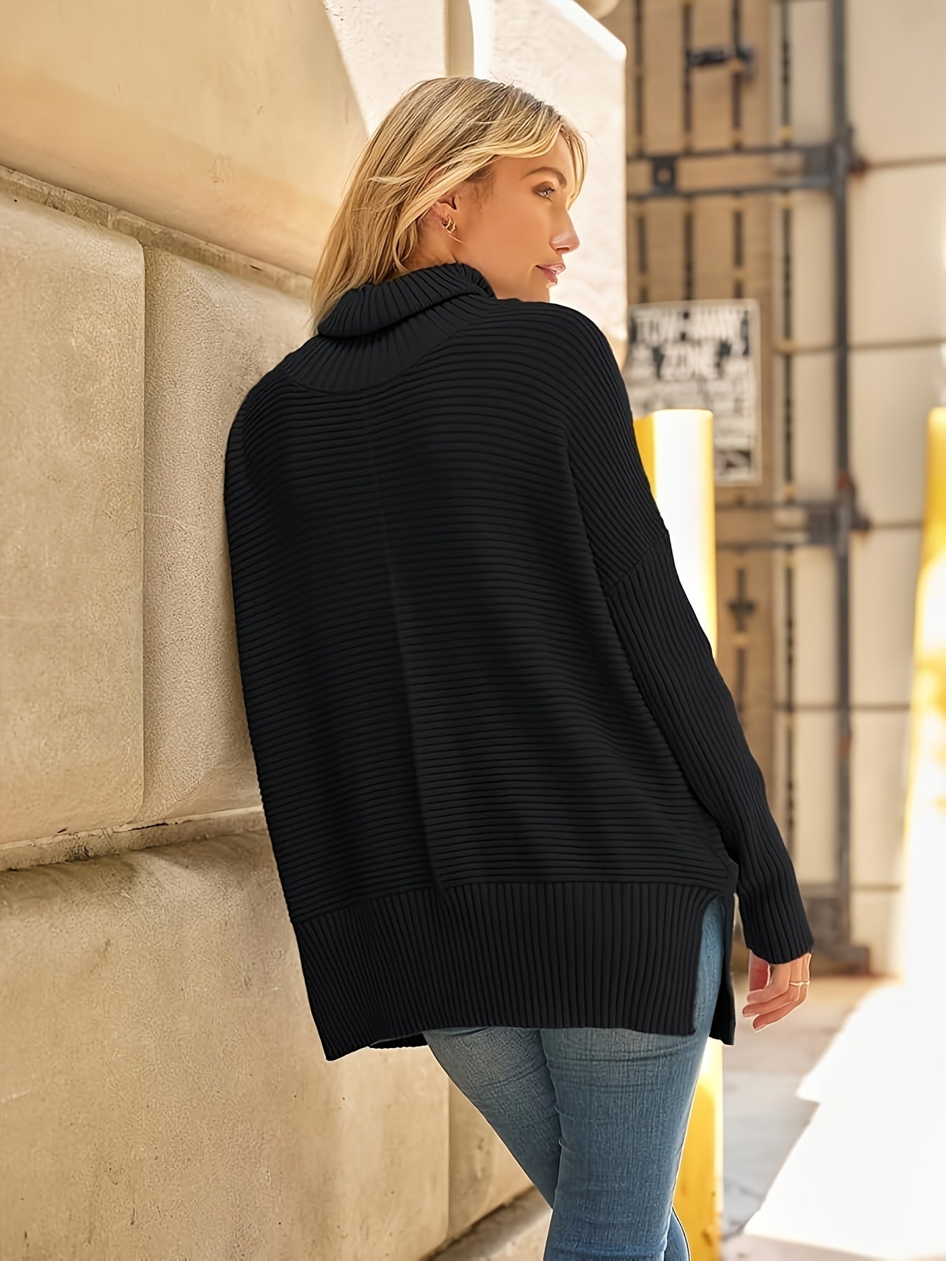 Women's Oversized Turtleneck Sweater Black Loose Fit Fall Winter Pullover
