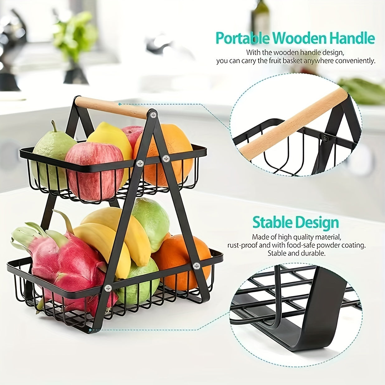 Metal Fruit and Vegetable Basket with Detachable Bowl and Wooden Handle for Kitchen Storage