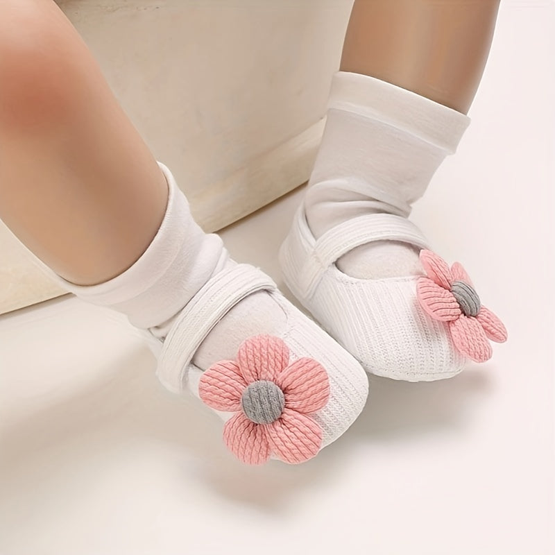 Infant Baby Girls Shoes Lightweight Soft Fabric Flower Decor All-Season Walking Shoes