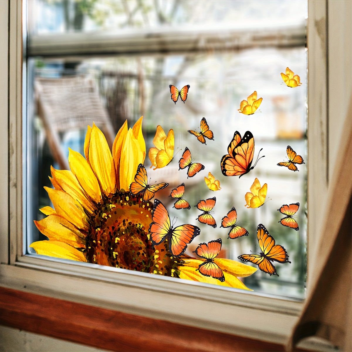 Double-Sided Sunflower Butterfly Window Decal Reusable PVC Sticker for Bedroom and Study