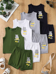 Baby Boy Summer Clothing Set 4 Pieces Cartoon Hippo Tank Top Shorts Toddler