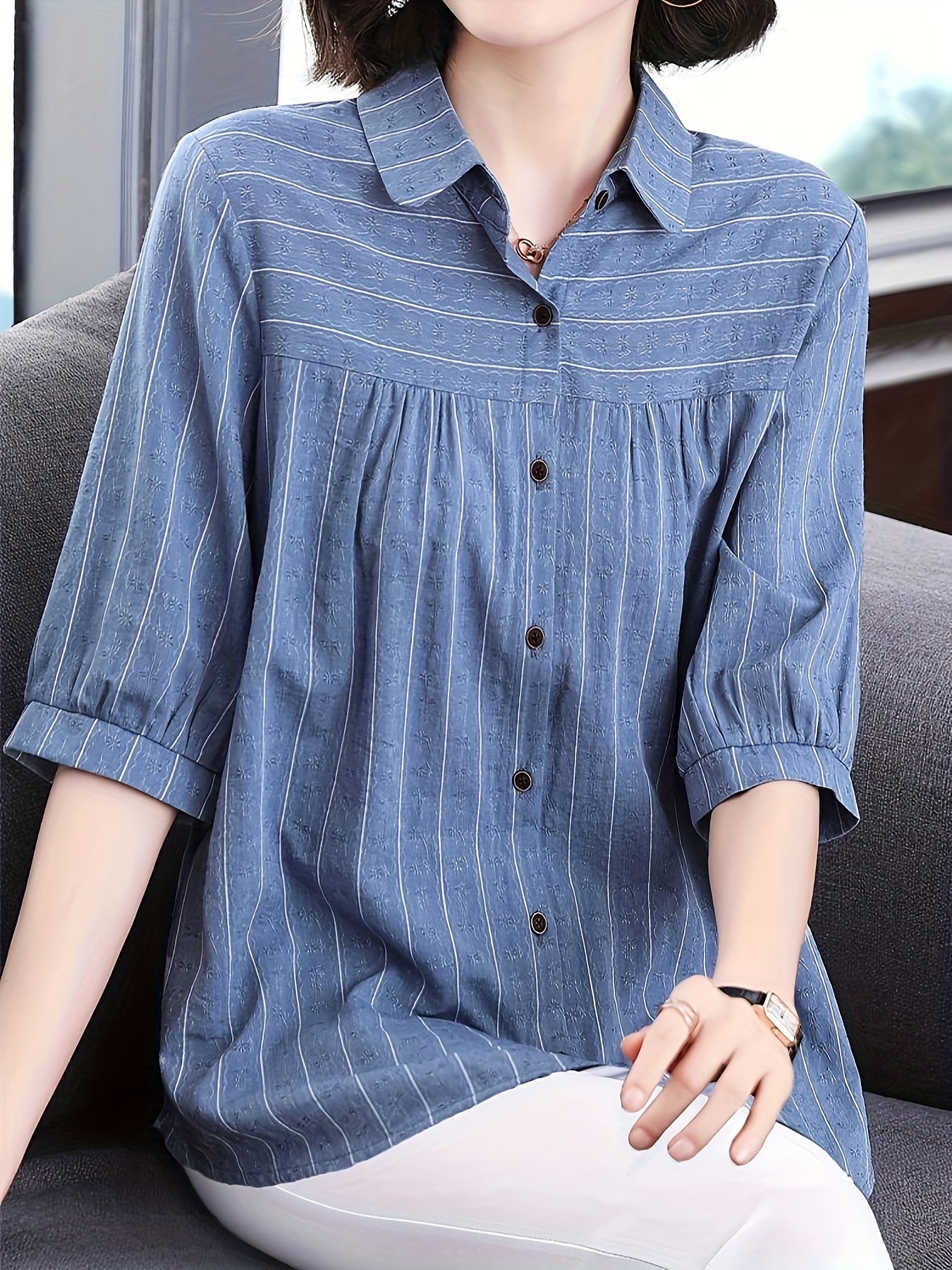 Women's Striped Cotton Shirt with Half Sleeves for Spring and Summer