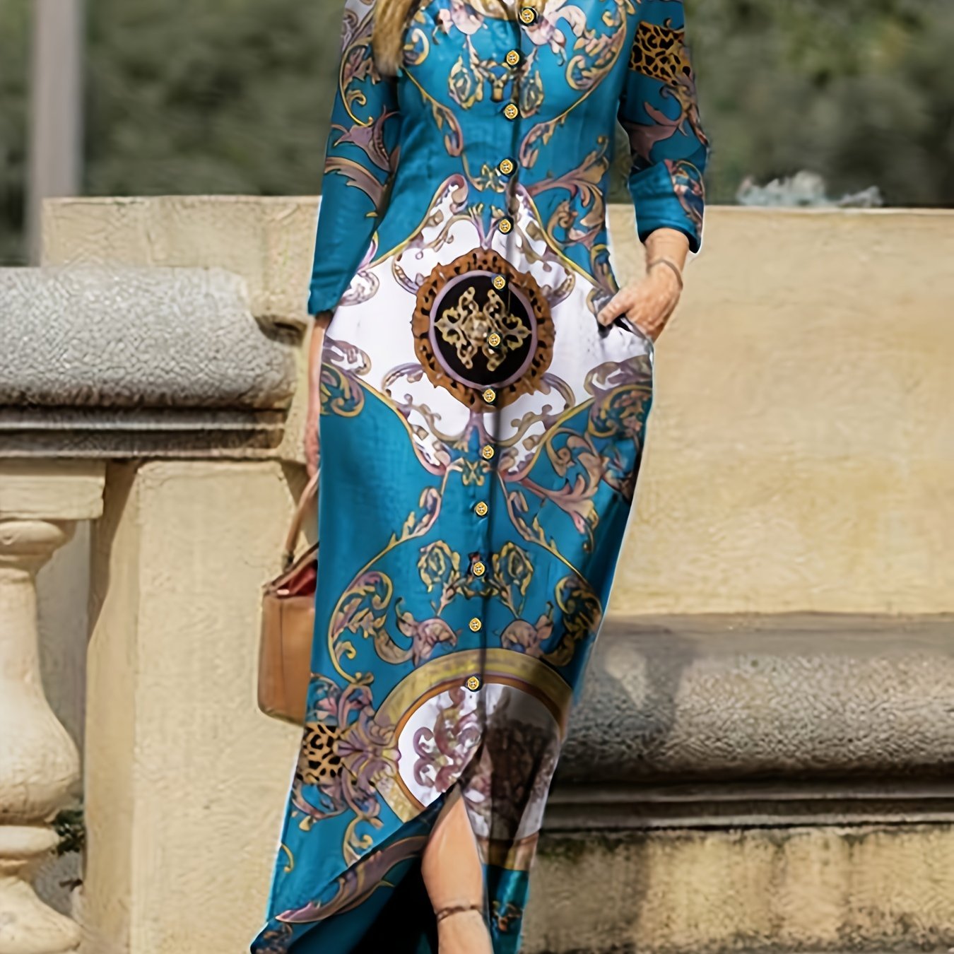 Women's Tribal Print Long Sleeve Dress with Pockets and Button Front for Spring and Fall