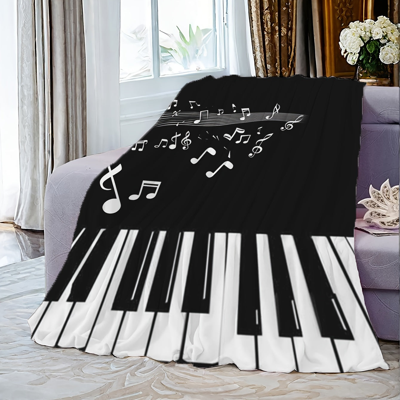 Soft Cozy Piano Music Note Print Blanket for Sofa Bed Travel Machine Washable Polyester