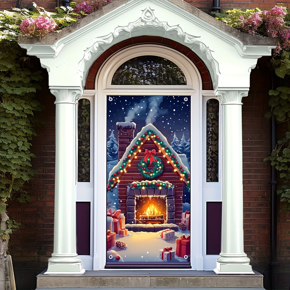 Festive Snowy Fireplace Door Cover for Holiday Winter Events Cozy Entryway