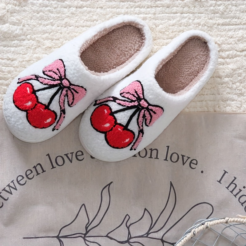 Unisex Plush Fluffy Slippers With Cherry Bowknot Pattern Indoor Fuzzy Shoes