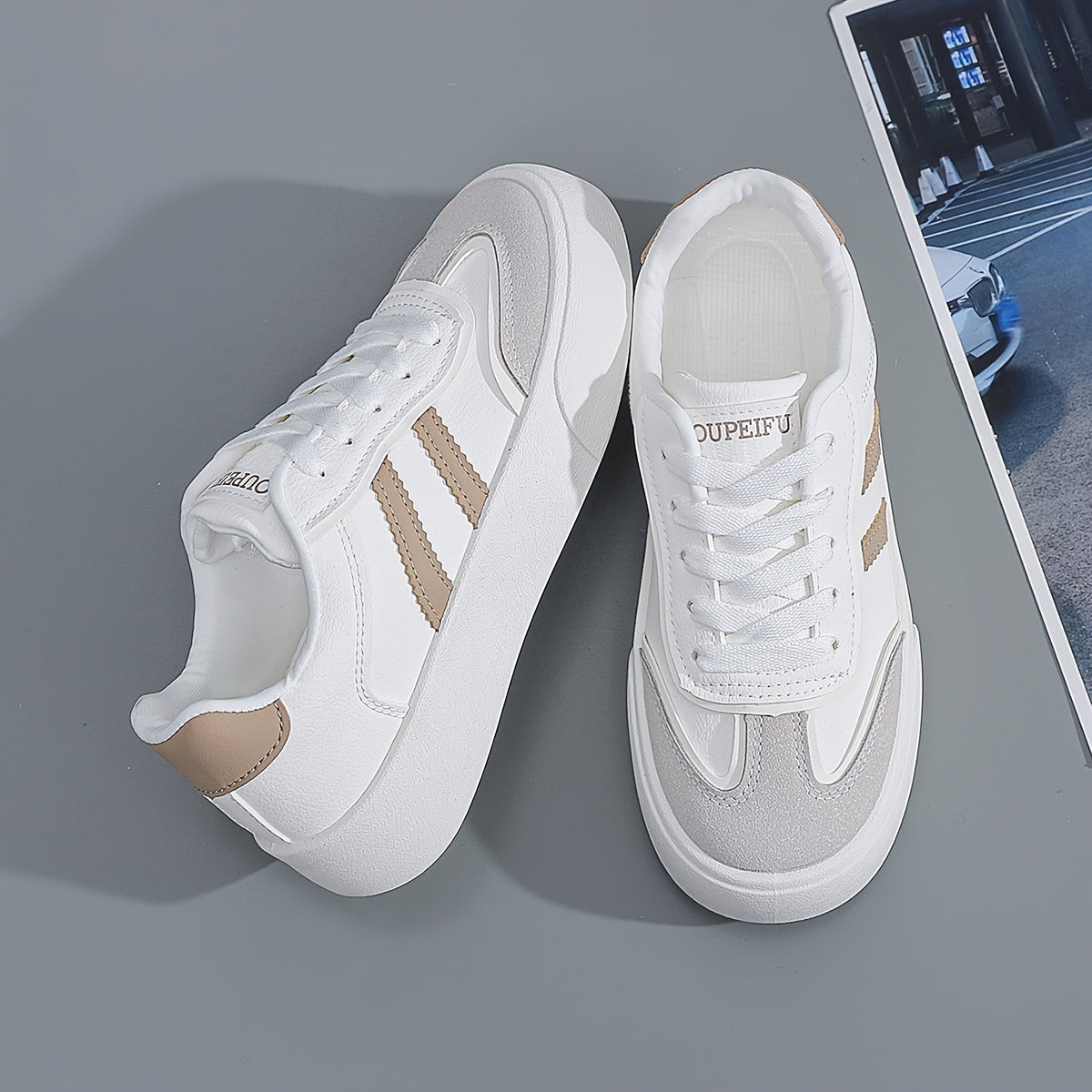 Women's White Sneakers with Beige Accents Lightweight All-Season Casual Shoes
