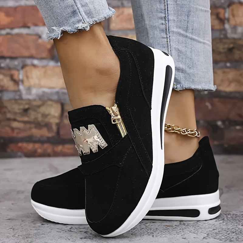Женские дышащие низкие кроссовки с платформой, молнией, черные и белые