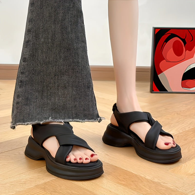 Women's Open-Toe Slip-On Platform Sandals Cushioned Mid-Heel Black White