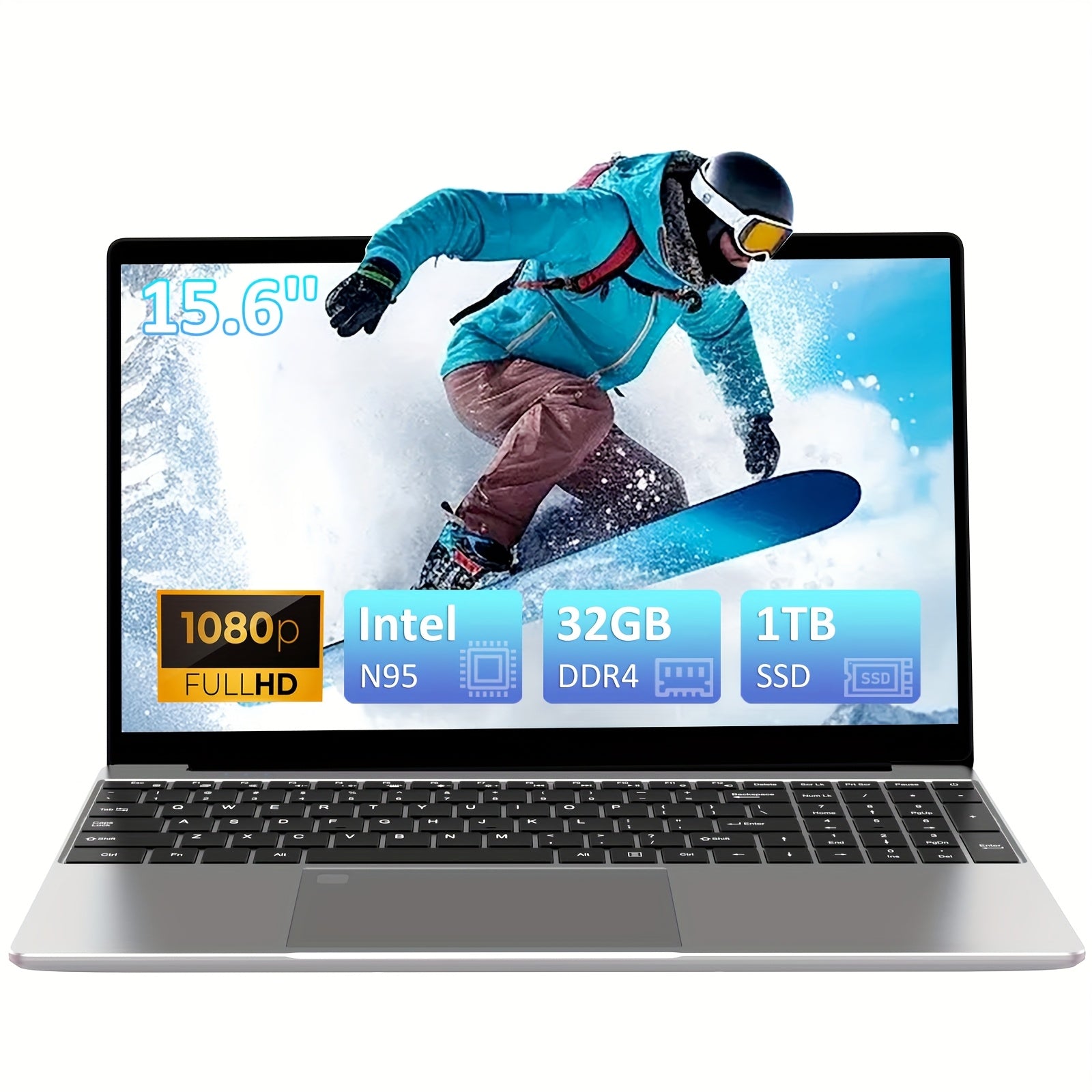 15.6 Inch FHD IPS Laptop with Intel N95 32GB DDR4 1TB SSD Fingerprint Webcam