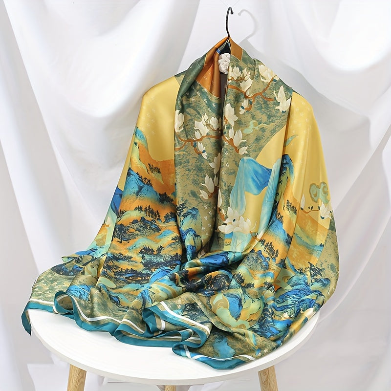 Women’s Satin Shawl with Retro Landscape Print Windproof Sun Protection Wrap