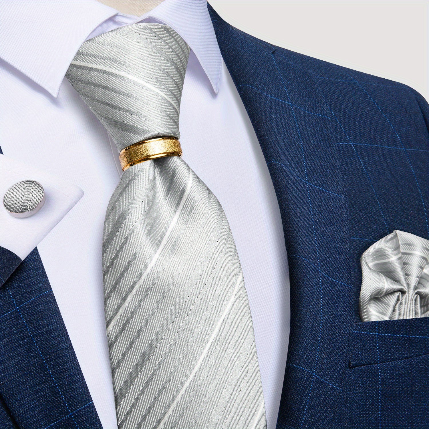 Men's Classic Striped Tie Set with Handkerchief Cufflinks and Ring for Business Formal Weddings