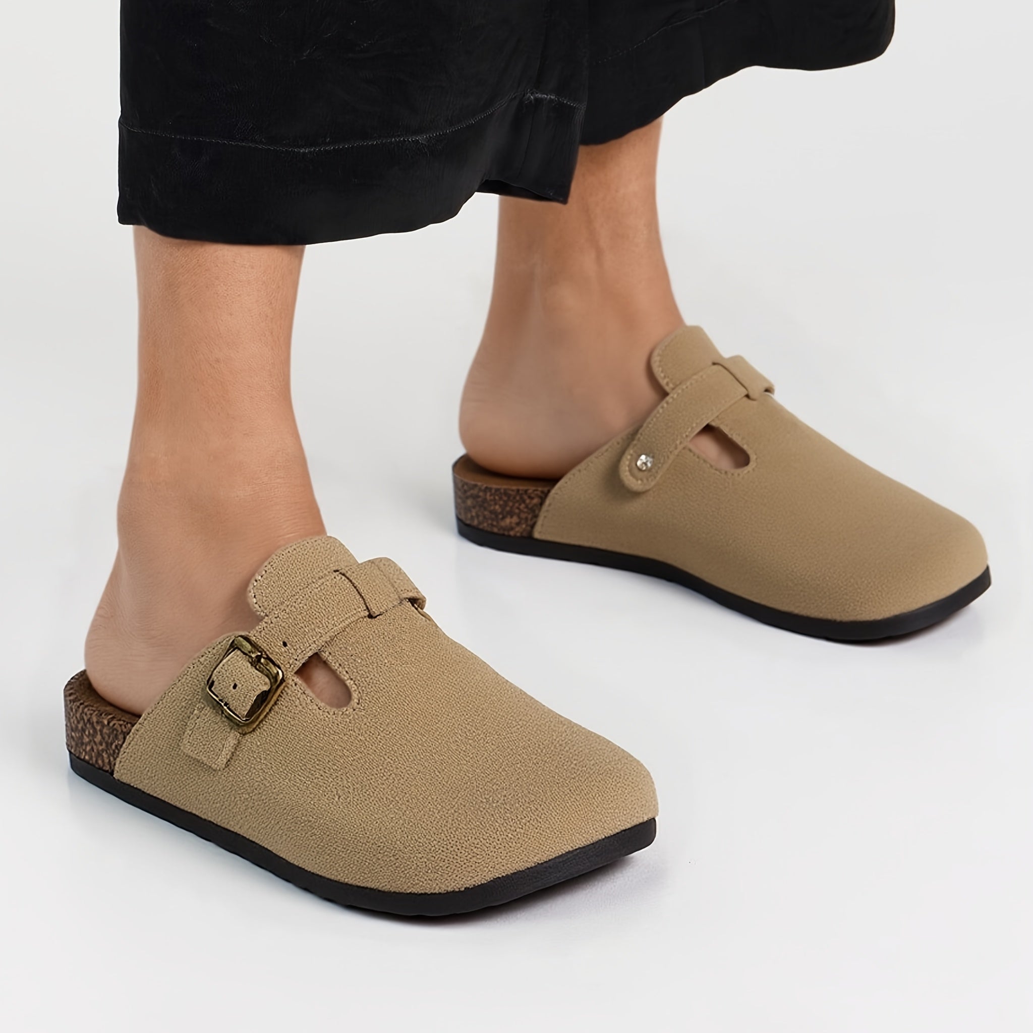 Women's Beige Mules with Buckle Detail Soft Fabric Lining Non-Slip Rubber Sole