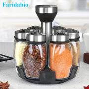 7-Piece Stainless Steel Glass Spice Shaker Set with Salt Pepper Sugar Rotating Base