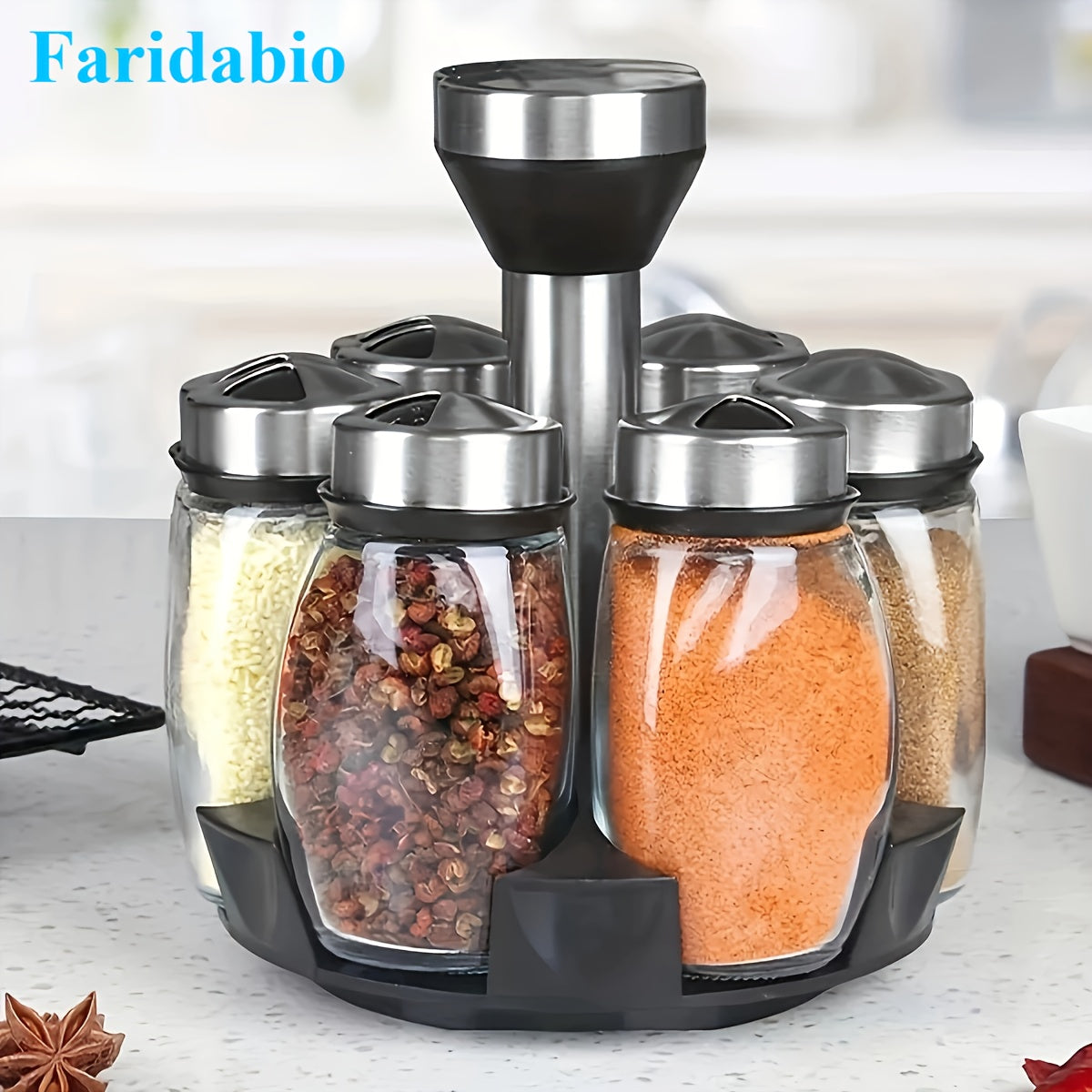 7-Piece Stainless Steel Glass Spice Shaker Set with Salt Pepper Sugar Rotating Base
