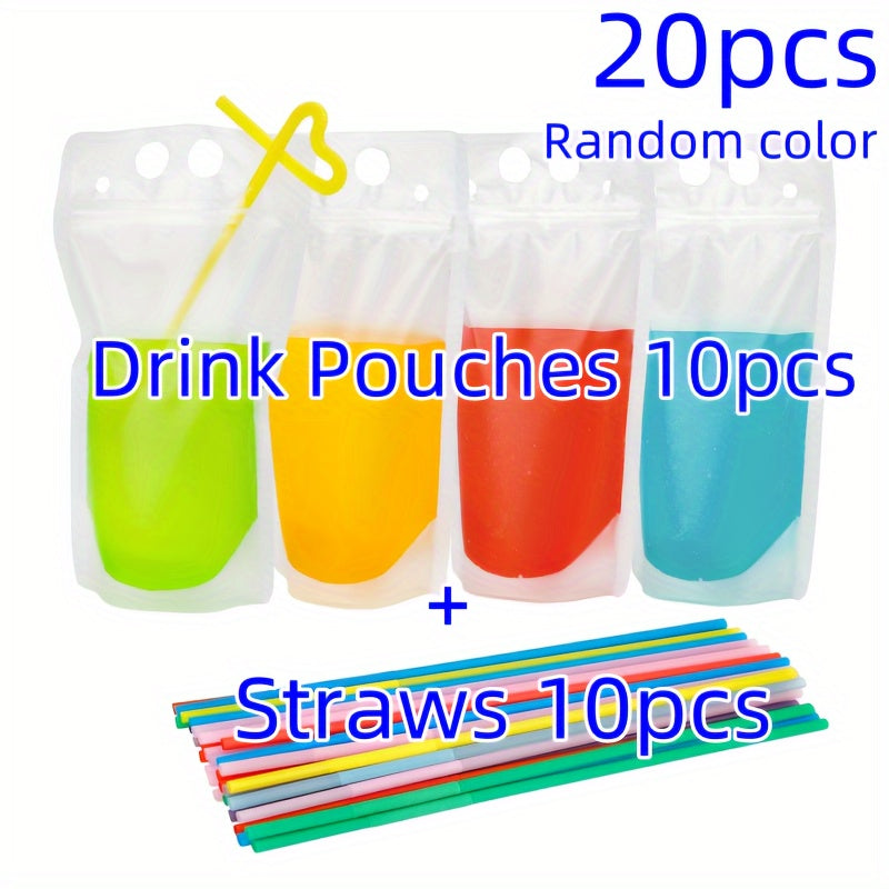 20 ta plastik ichimlik paketlari, quvur teshiklari bilan, qayta yopiladigan, portativ sharbat sumkalar