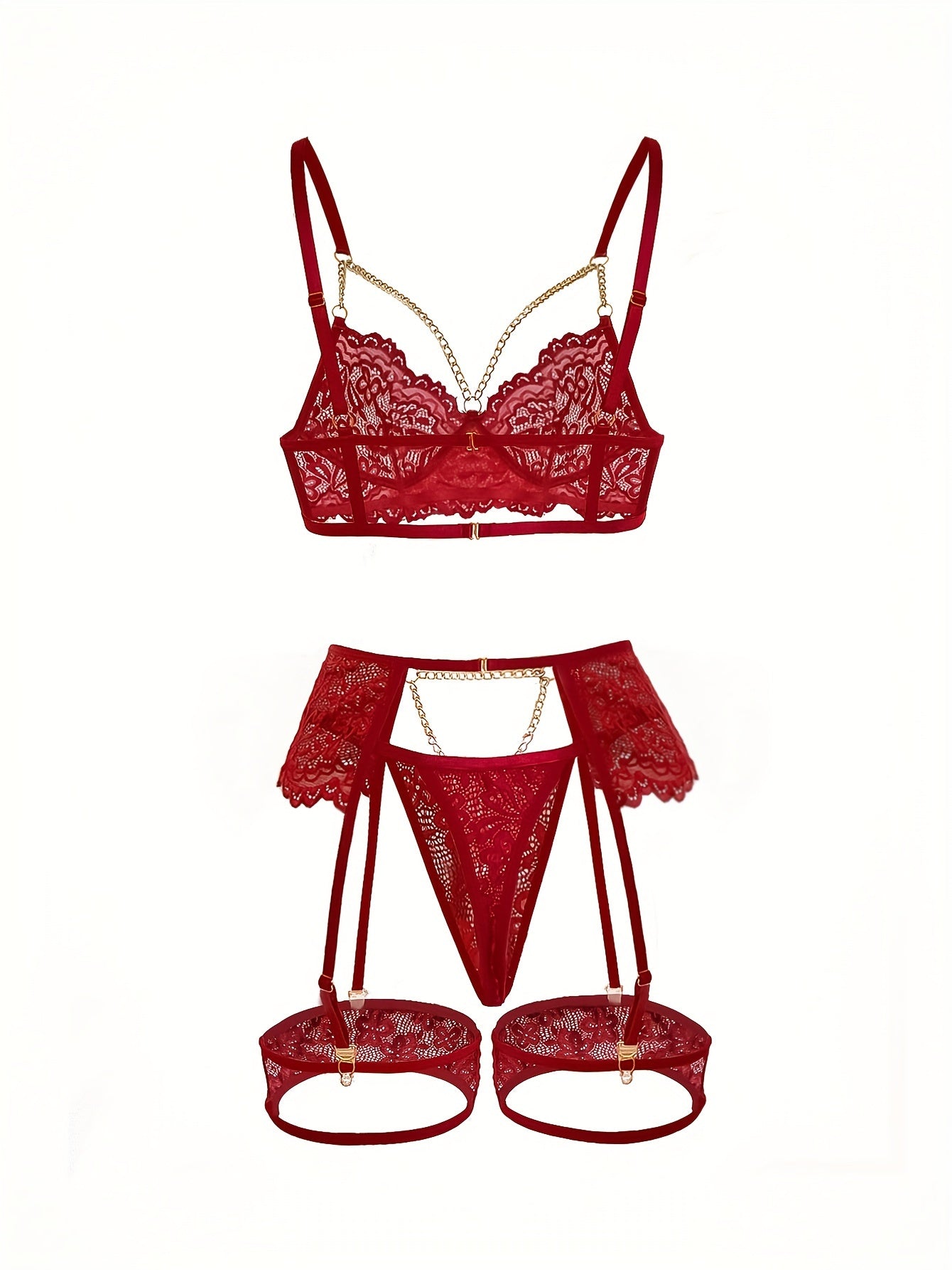 Sexy Lingerie Set with Flower Lace, Gold Chain Accents, See-Through Bra and Garter Belt