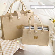 Beige Felt Tote Bag with Bear Design for Girls Spacious Shoulder Handbag for Shopping and Daily Use
