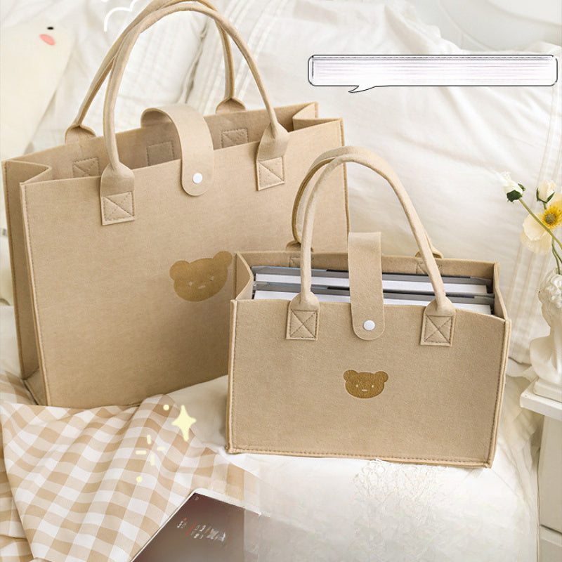 Beige Felt Tote Bag with Bear Design for Girls Spacious Shoulder Handbag for Shopping and Daily Use