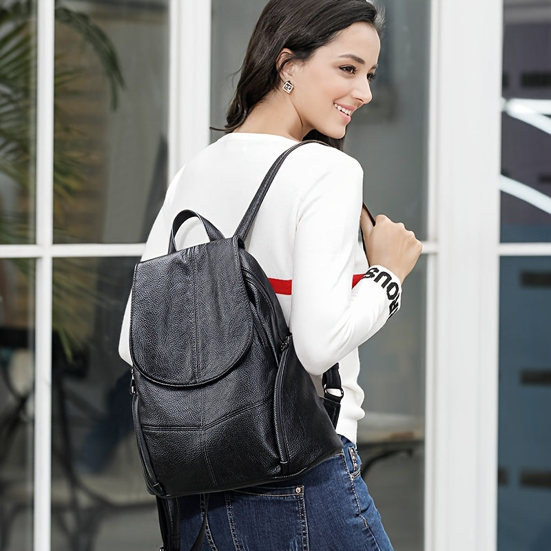 Women's Black Genuine Leather Backpack with Adjustable Strap and Drawstring Closure