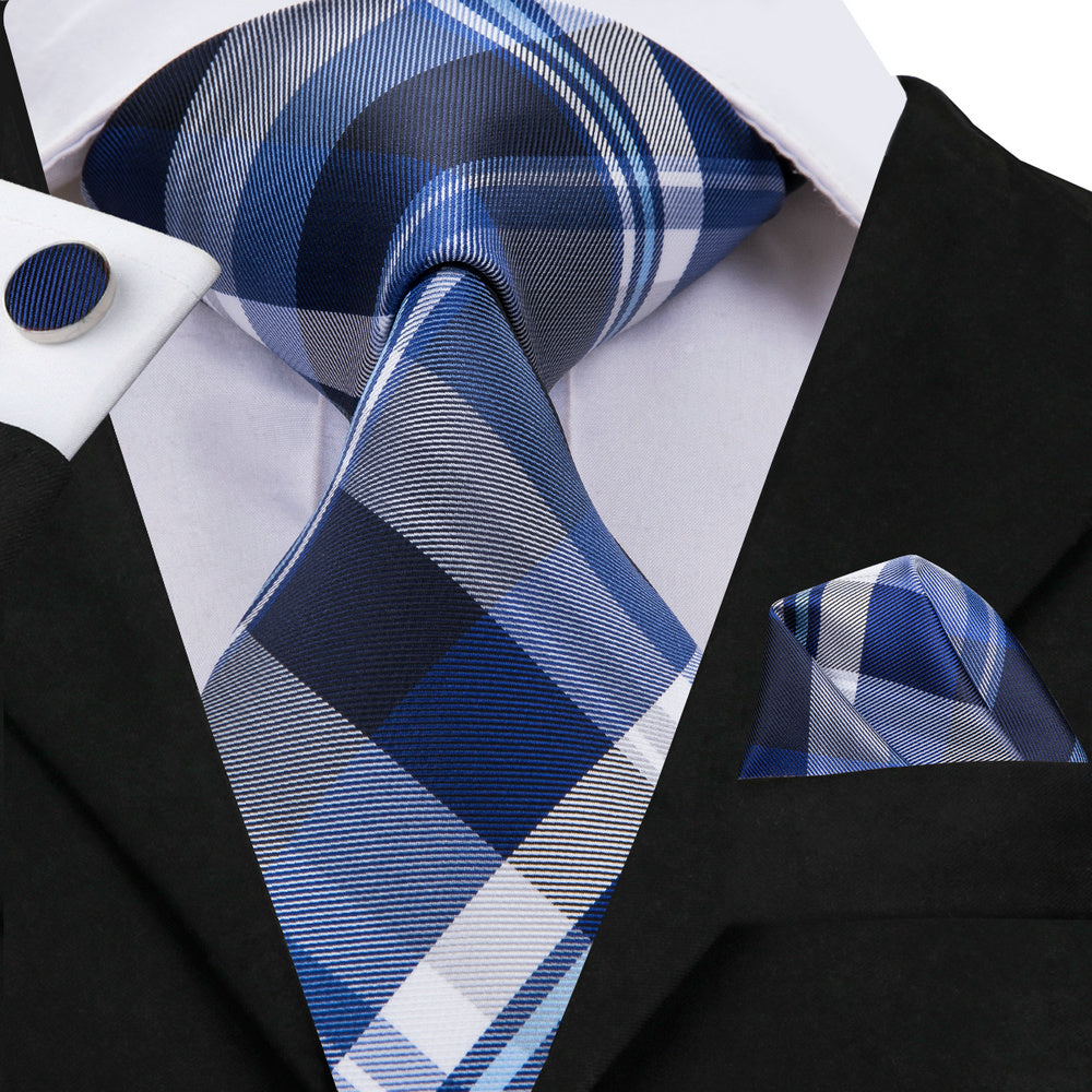 Men's Plaid Necktie Set with Hanky and Cufflinks for Weddings Business and Parties