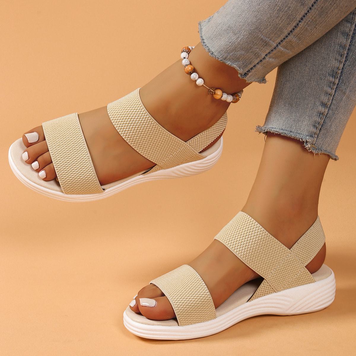 Women's Black Open-Toe Slide Sandals with White Sole Casual Summer Footwear
