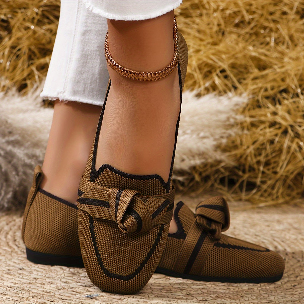 Women's Flat Shoes with Bow, Square Toe, Knitted Fabric, Slip-On, Lightweight
