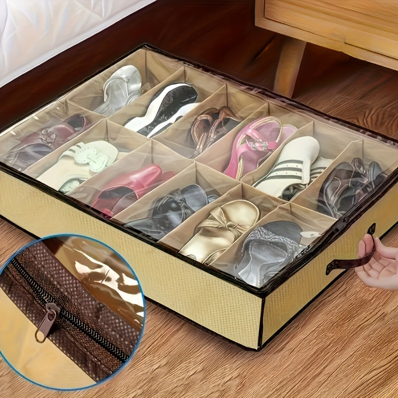 12-Grid Transparent Shoe Storage Bag Made of Washable Polyester Dustproof Moisture-Proof Under Bed Organizer