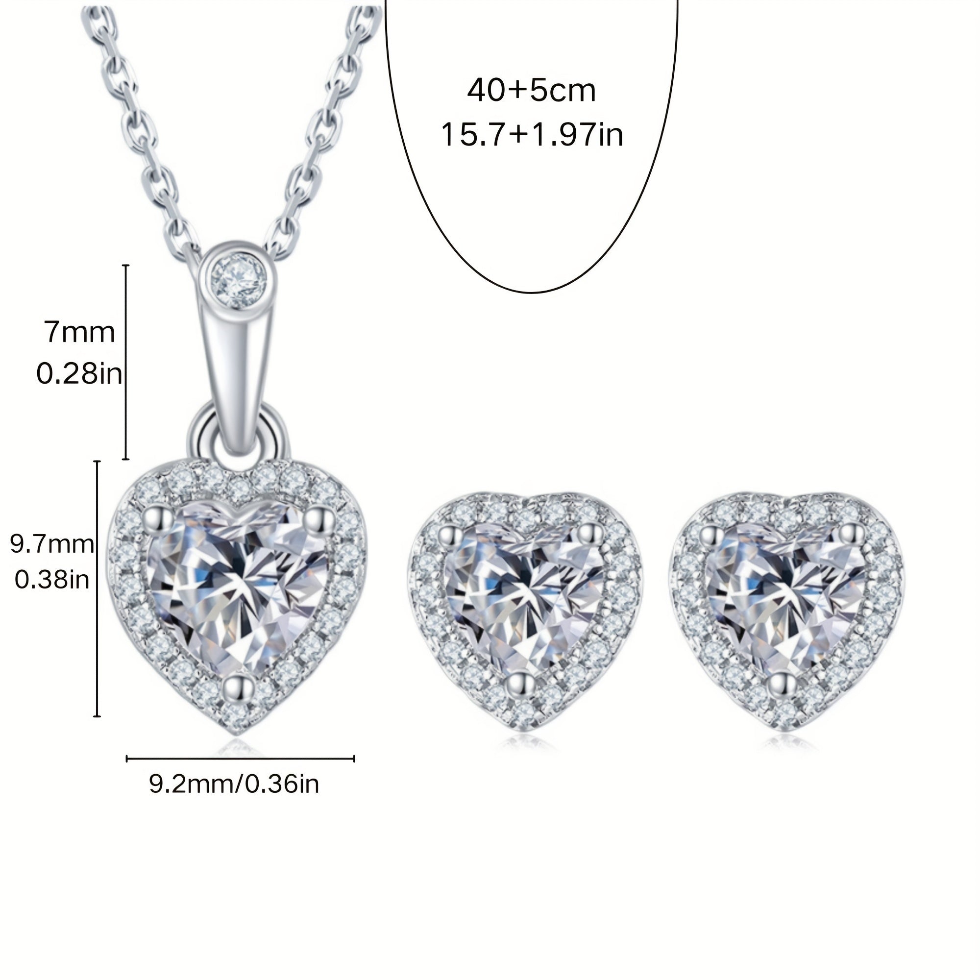 Silver Heart Pendant Earrings 2 Carat Moissanite Platinum-Plated Jewelry for Women