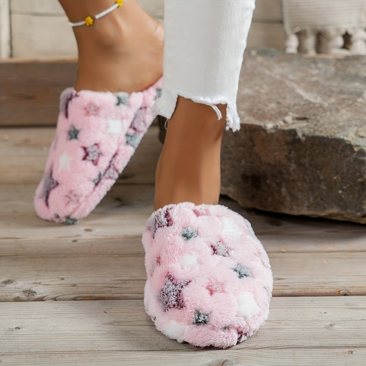 Women's Winter Plush Fleece House Slippers Non-Slip EVA Sole Pink Black