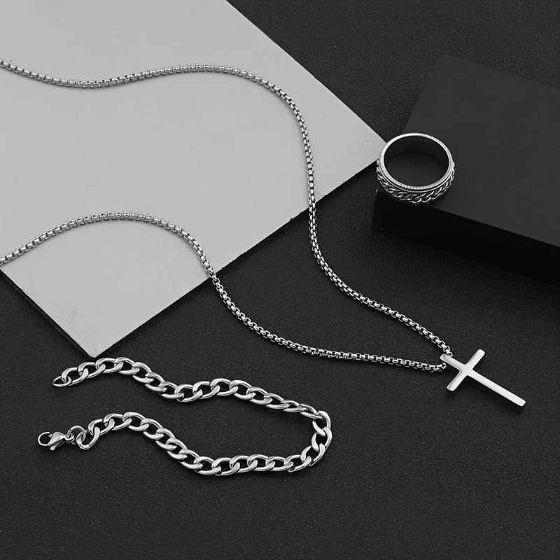 Set of 3 Stylish Cross Chain Necklaces with Rotating Stainless Steel Jewelry