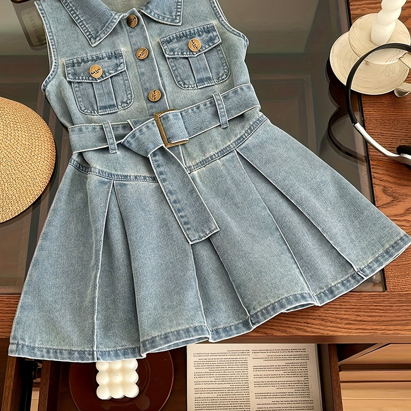 Girls Sleeveless Denim Dress with Waist Belt for Summer Casual Style