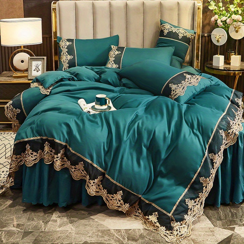 Green Lace Bedding Set with Quilt Cover and Pillowcases Solid Color All-Season Polyester