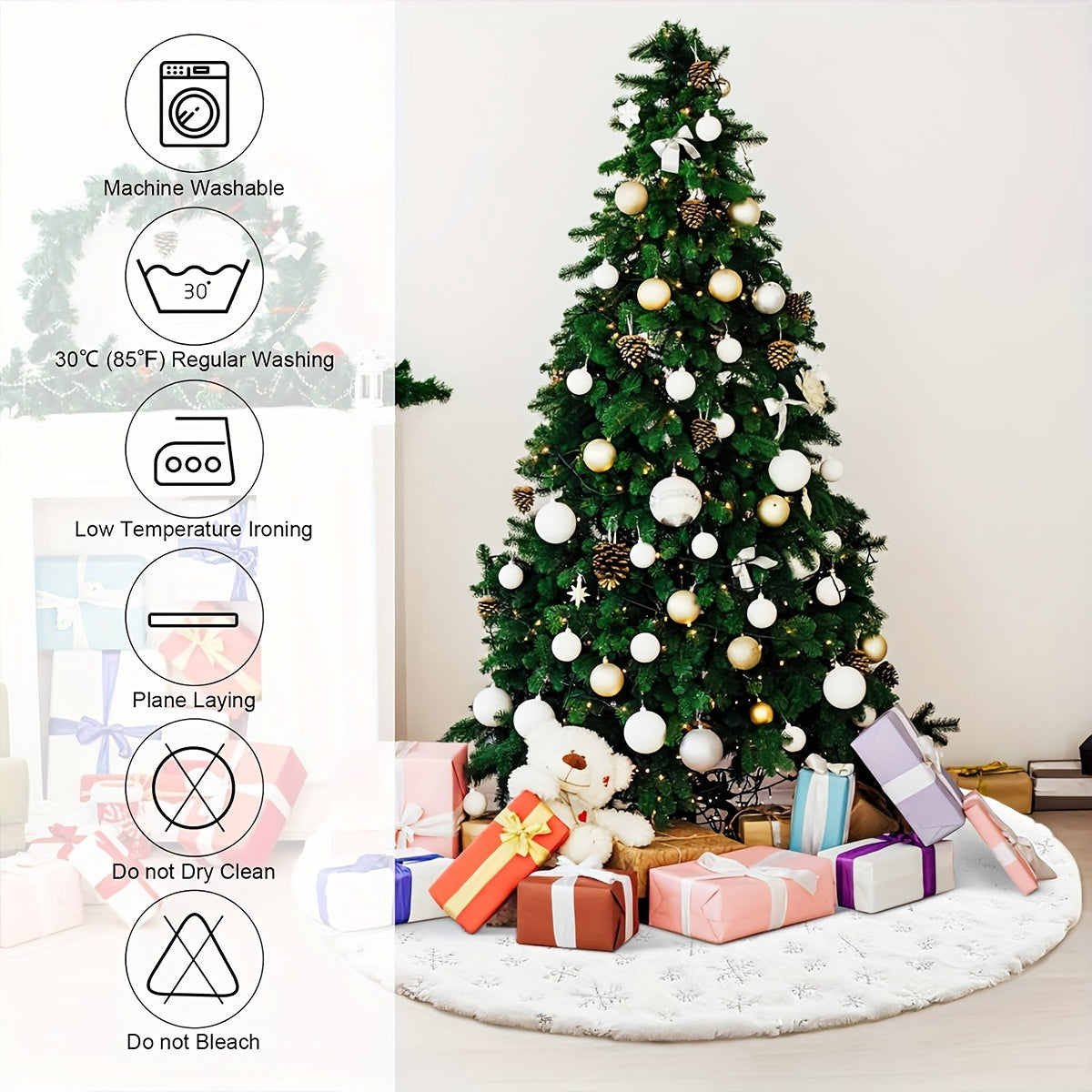 Qicai Xiaolu Luxurious White Christmas Tree Skirt bilan Rojdestvo bezaklaringizga hashamat qo'shing. Bir nechta o'lchamlarda mavjud bo'lgan ushbu daraxt etagi go'zal oltin/silver qor to'pi dizayni va soxta quyon junidan qirralarga ega. Uy uchun mukammal.