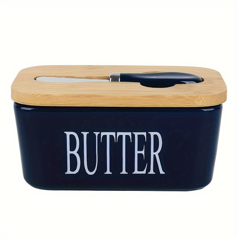 Ceramic Butter Dish Set with Bamboo Lid and Knife, Airtight Countertop Storage