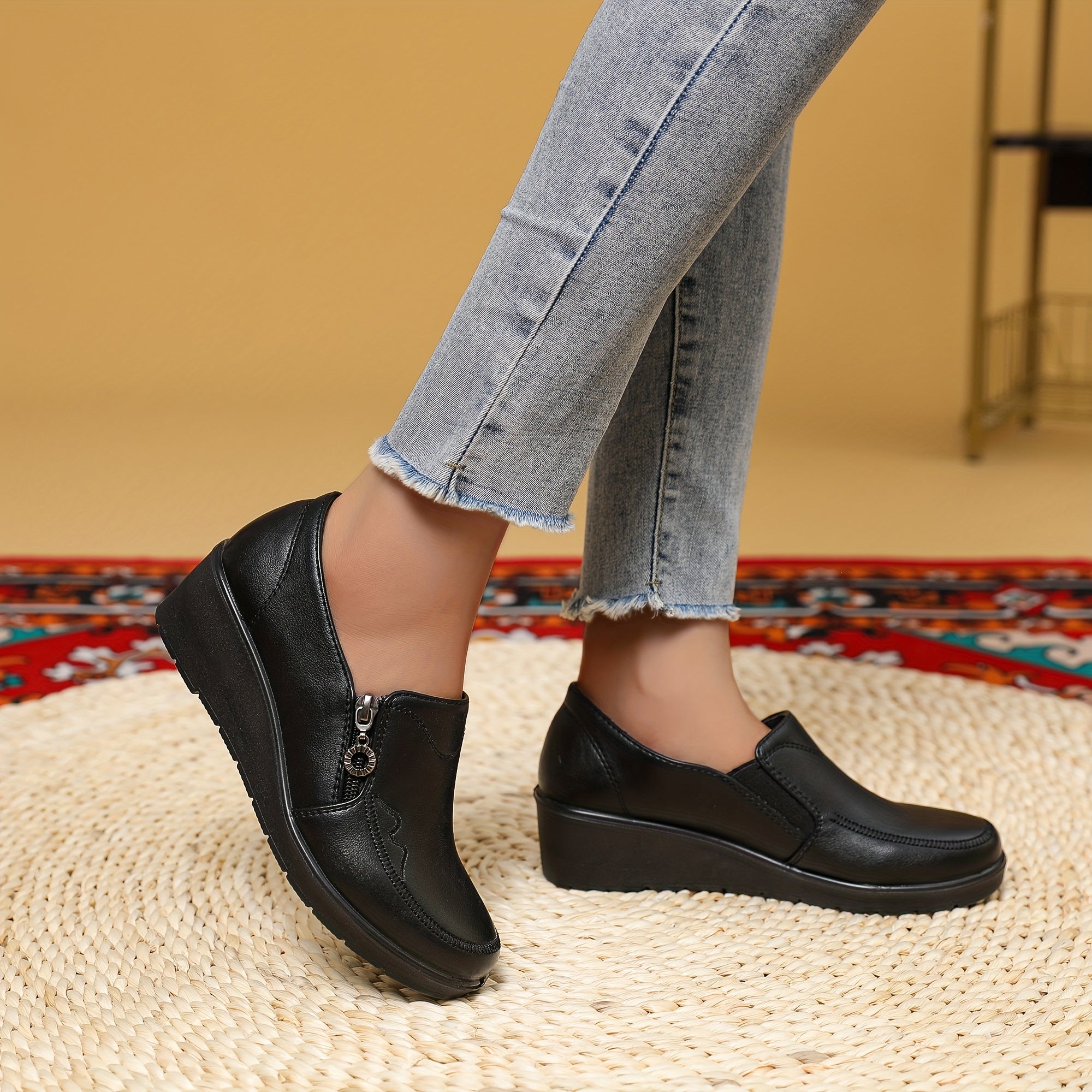 Women’s Embroidery Detail Leather Loafers – Comfortable Flat Shoes for Work and Casual