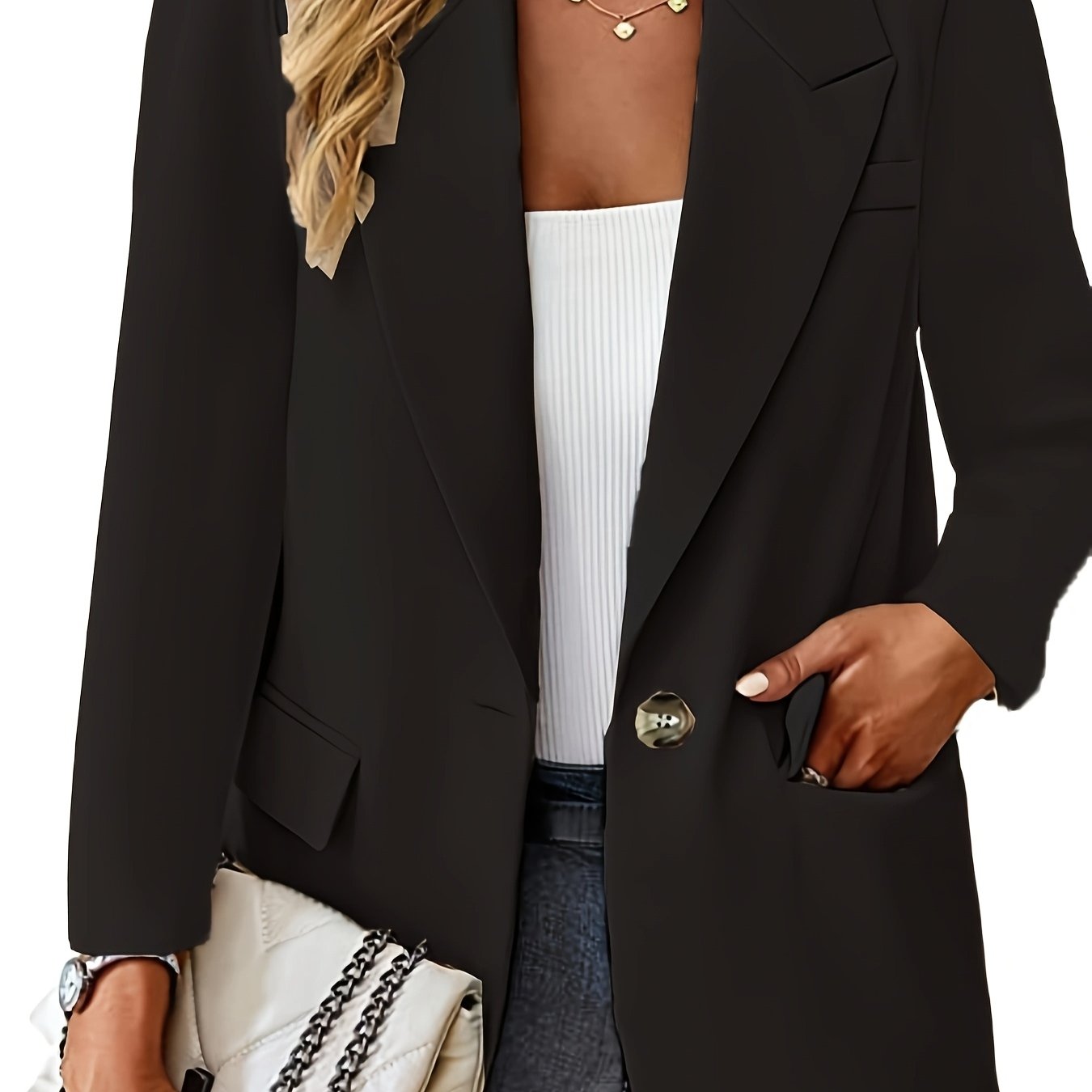 Women's Solid Color Suit with Turned Collar and Single Button for Slimming Look