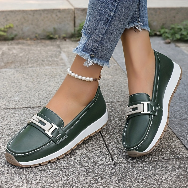 Women's Slip-On Flat Shoes Faux Cover Metallic Buckle Lightweight TPR Sole
