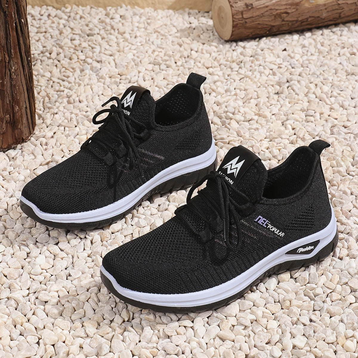 Women's Black Knit Mesh Sneakers with Lace-Up Closure and Dual-Layer Sole