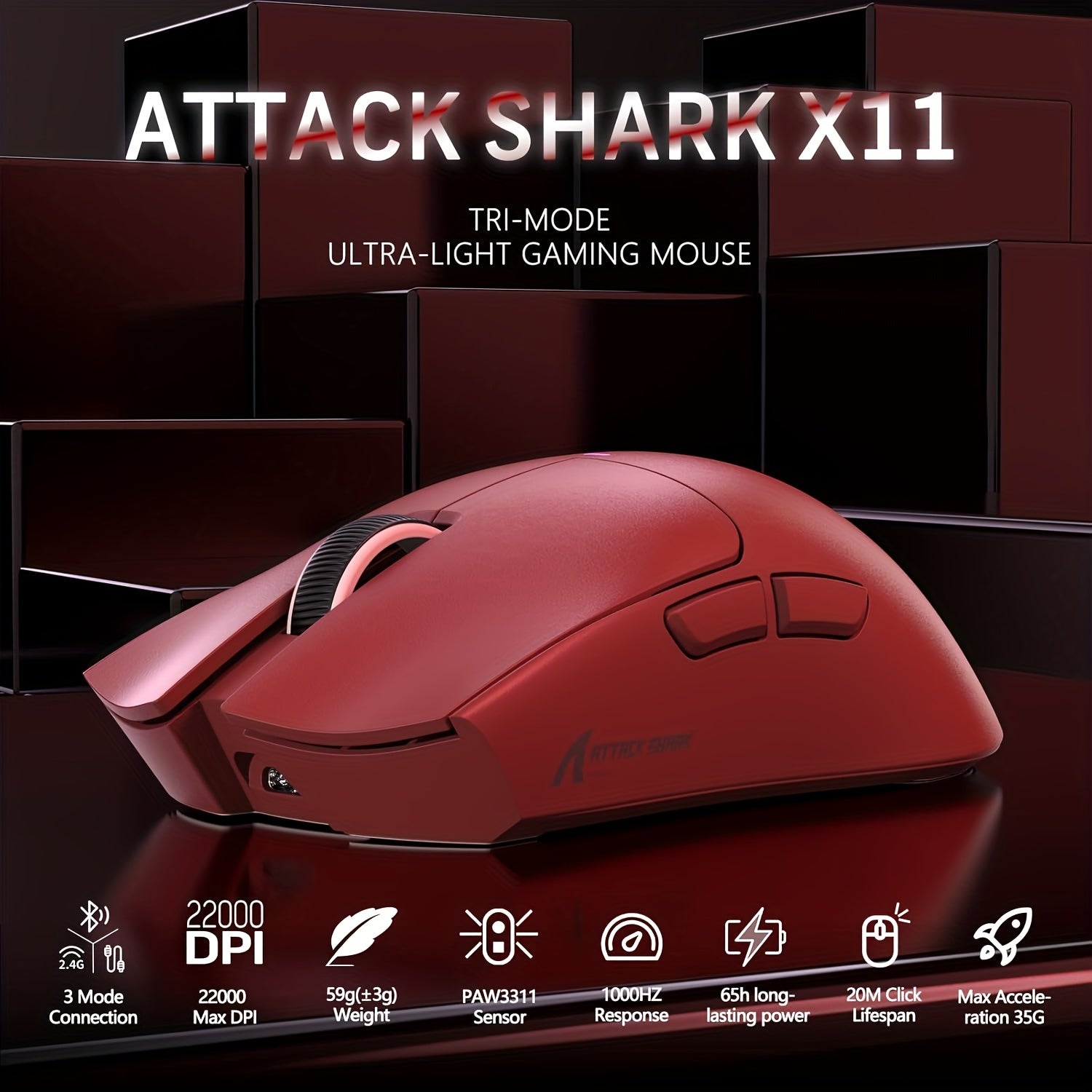 Игровая мышь Attack Shark X11 59G ультралегкая беспроводная с магнитной RGB зарядной станцией, 22000 DPI, 5 программируемых кнопок для ПК/ноутбука/Mac.