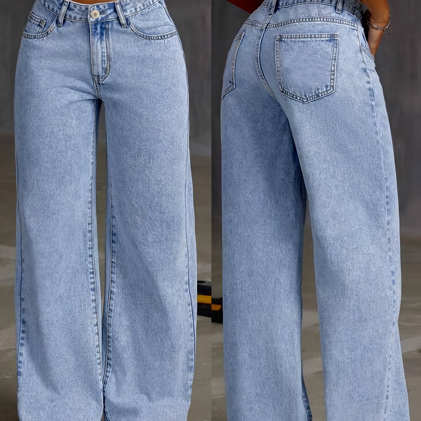 Jeans de cintura alta y pierna ancha para mujer con apertura de botones, de color sólido para todas las estaciones, con tela ligeramente elástica