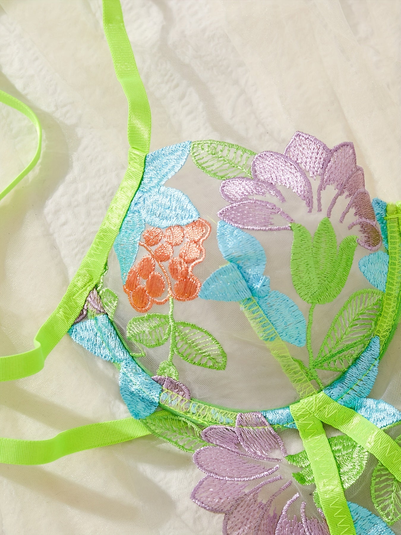 Women's Floral Embroidery Lingerie Set with Garter Belts and Thong