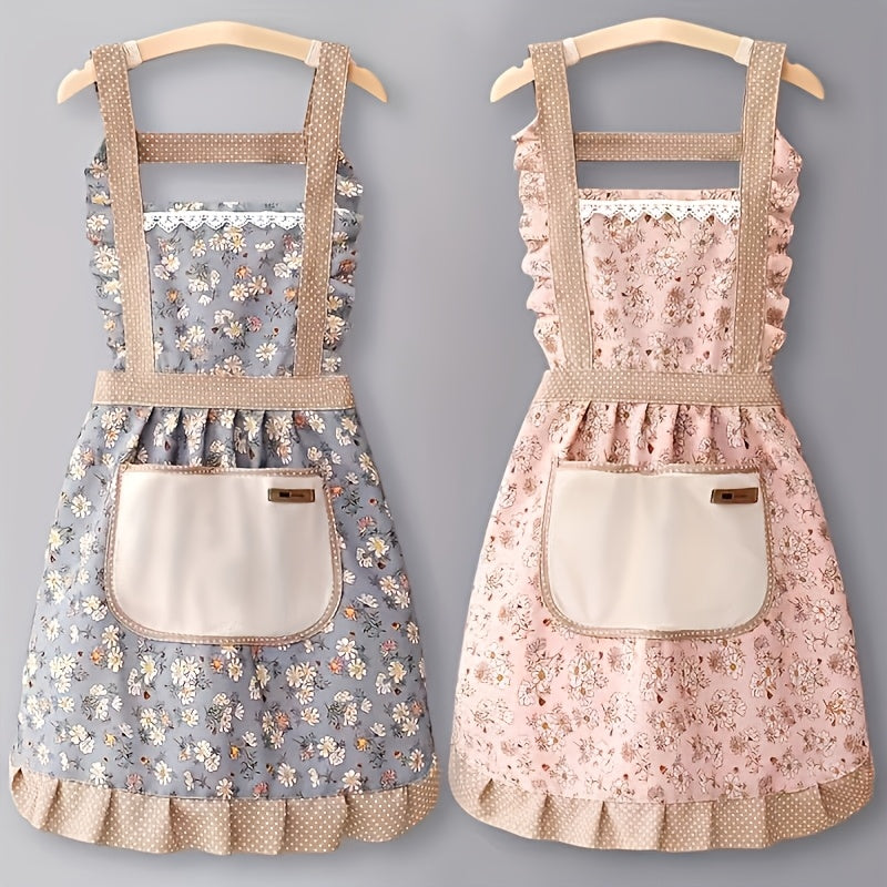Floral Lace Princess Apron with Hand Wipe Pocket for Kitchen and Home in Pink or Green