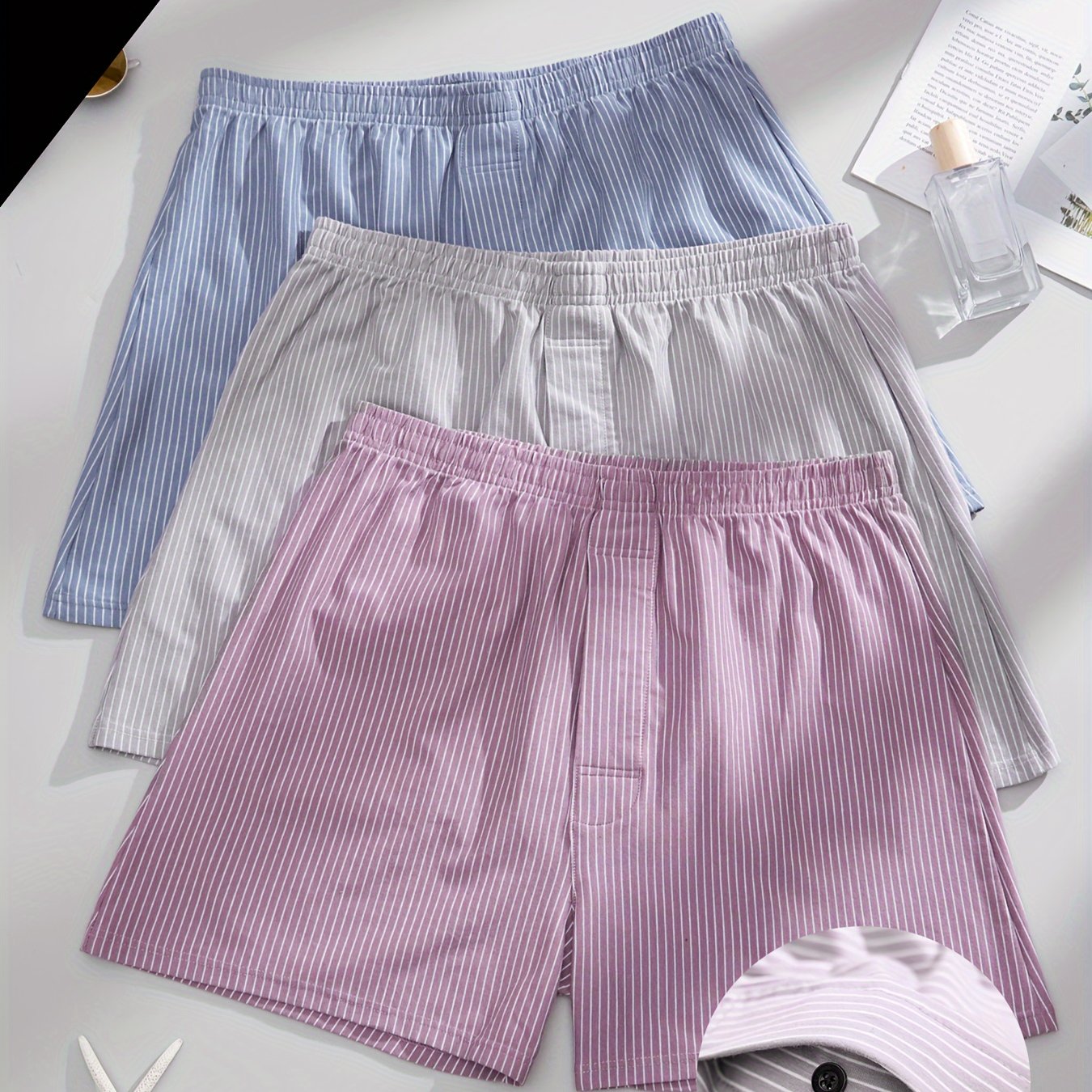 Men's Cotton Boxer Shorts 3-Pack High Stretch Knit Striped Regular Fit with Button