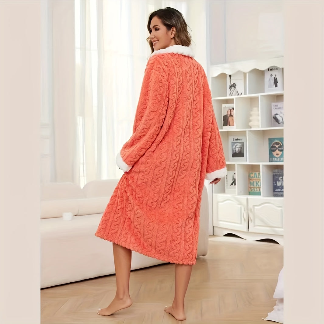 Pink Coral Velvet Women's Bathrobe with Contrast Trim Cozy Lounge Wear