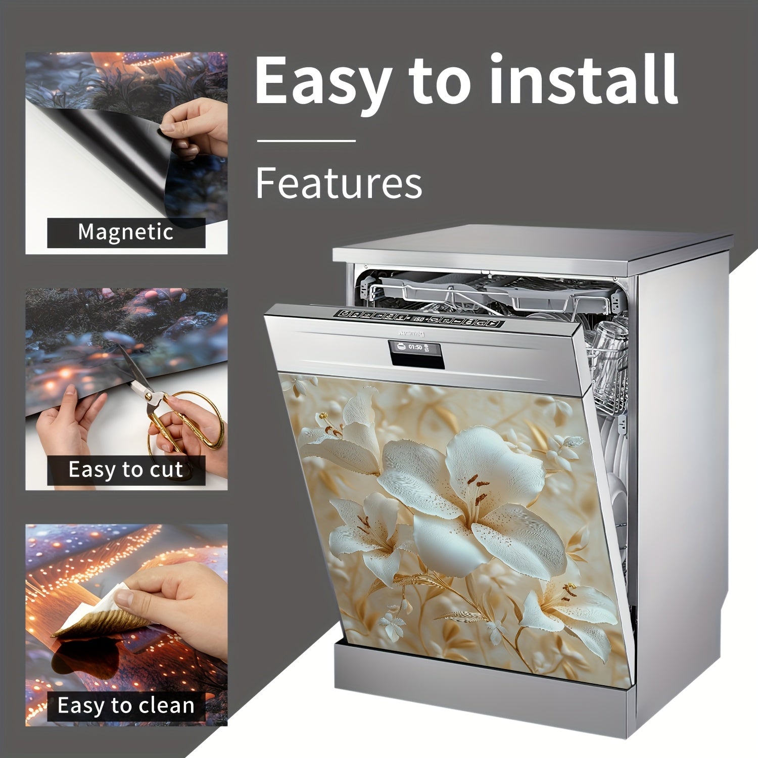 Beige Floral Vinyl Magnetic Dishwasher Cover Reusable Durable for Refrigerator Washing Machine Cabinet