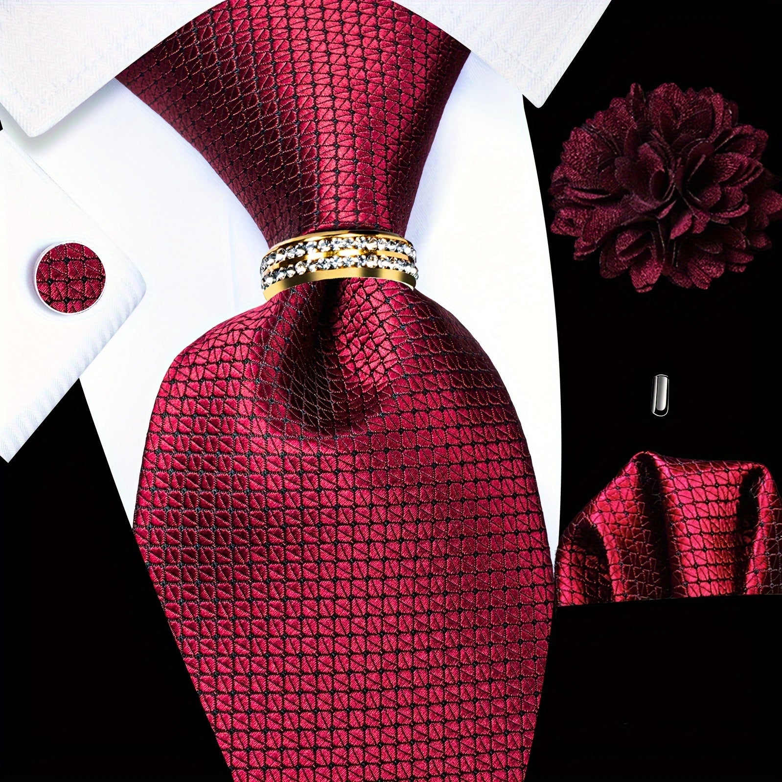 Men's Formal Tie Set with Pocket Square Cufflinks Tie Clip Lapel Pin and Ring for Weddings and Occasions