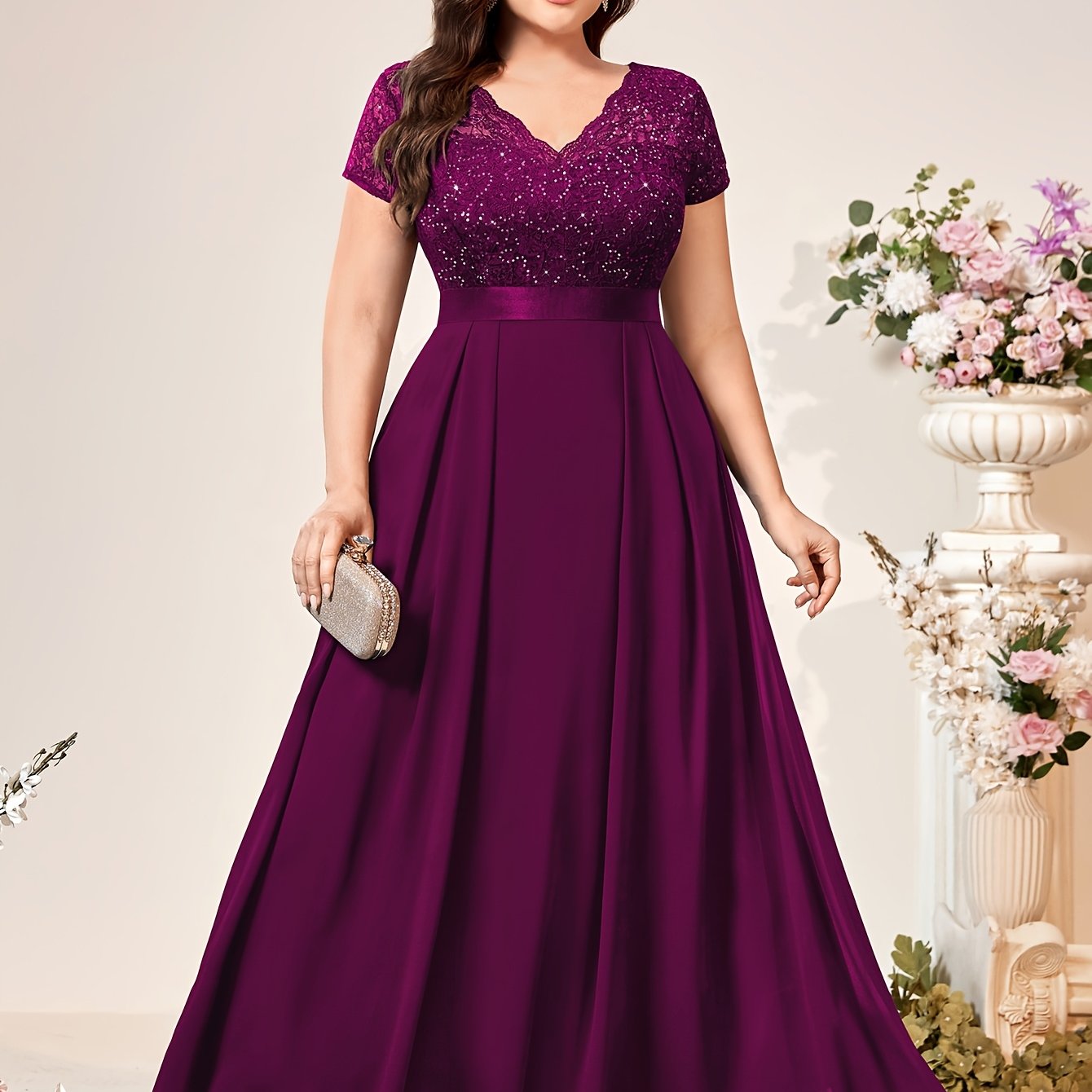 Plus Size Women's Long Lace Dress V-Neck Short Sleeves Floor-Length Spring Summer